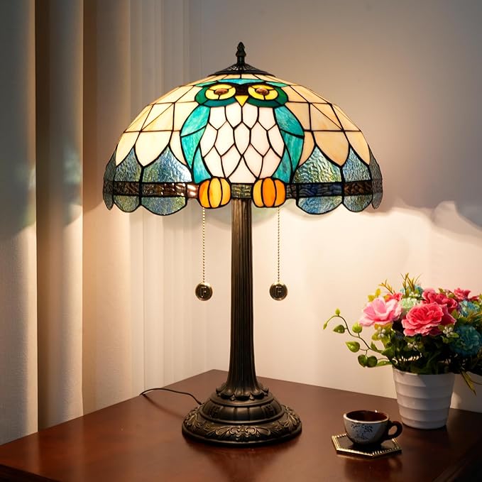 Tiffany Table Lamp Owl Animal Design Stained Glass Lamp 16 inch Handmade Large Desk Light Antique Beside Reading Lamp for Home Living Room Bedroom Office - Bloomnest