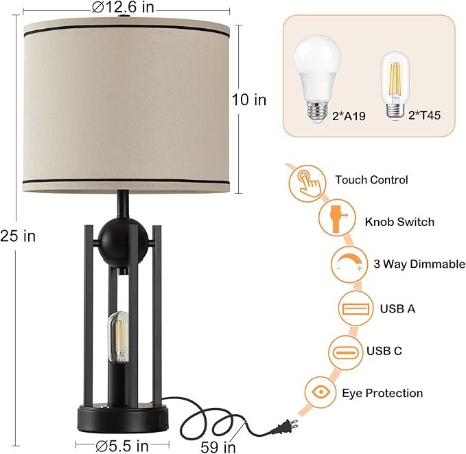 25'' Farmhouse Table Lamps for Living Room Set of 2 with USB C+A Ports, Vintage Bedside Lamp for Bedroom, Touch Lamps for Nightstand, Dual Lights Independent Switch, 4 Bulbs Included, Black - Bloomnest
