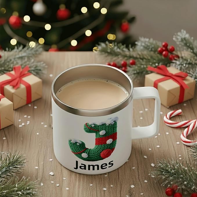 Personalized Christmas Mug | Custom Knitted Stocking Initial Insulated Coffee Cup with Handle & Lid | 12oz Cozy Holiday Tumbler, Unique Stocking Stuffer Gift(B11) - Bloomnest