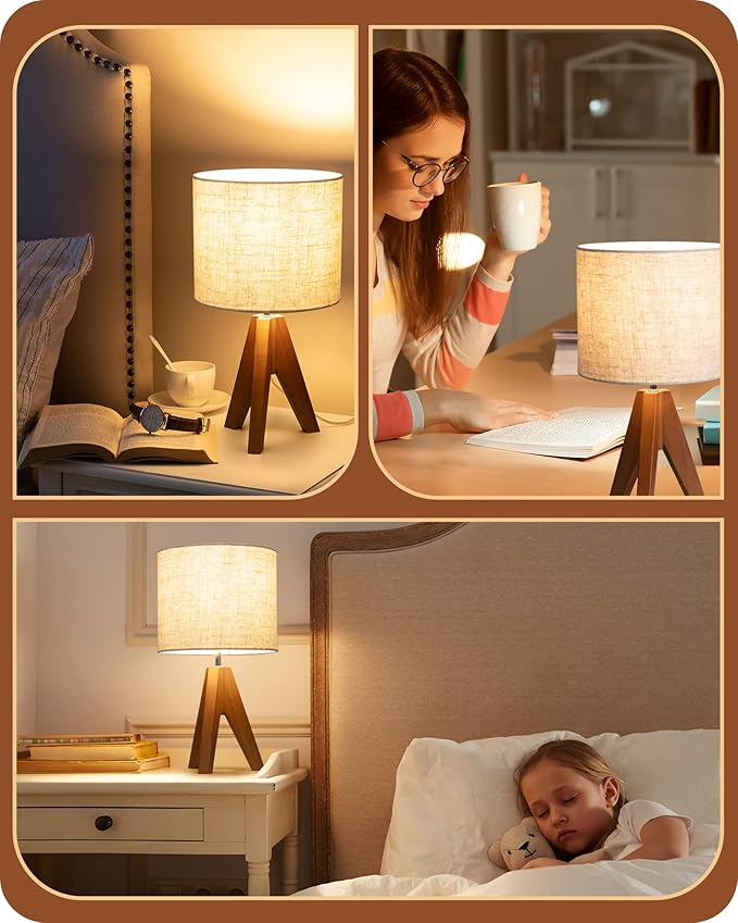 EDISHINE Tripod Table Lamp, Small Cute Bedside Lamp with Linen Beige Lampshade, Nightstand Lamp for Nursery, Bedroom, Kid Room, Living Room, Light Brown Wooden Base, E26 Socket, 14.2 Inch - Bloomnest