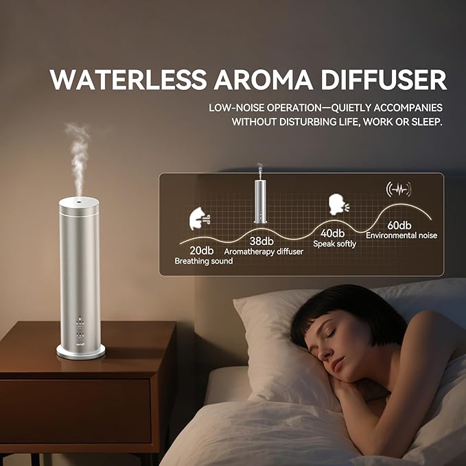 Waterless Essential Oil Diffuser with Bluetooth - 100ml Cold Air Scent Diffuser, 6 Aromatherapy Oils & Remote Control - Portable Aromatherapy Diffuser for Home, Office & Spa - Silver