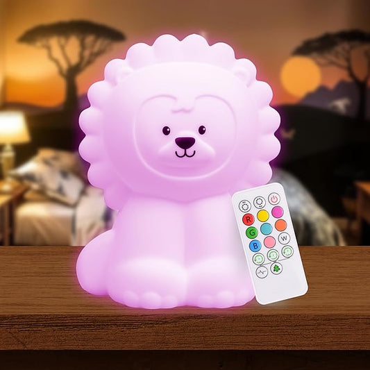 Lumipets Remote Control Silicone Night Light for Kids - Lion Design with 9 Soft Colors & Sleep Timer - Rechargeable, Battery-Operated Lamp for Bedroom | Baby Nursery, Toddler, Girls, Boys - Bloomnest