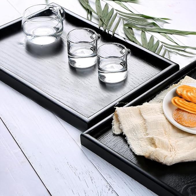 22 x 18 Inches Extra Large Solid Wood Serving Tray for Tea Coffee Table Snack Food Meals Serving Plate Kitchen Party Bar Breakfast Server with Raised Edges Black Wooden Decorative Ottoman Tray - Bloomnest