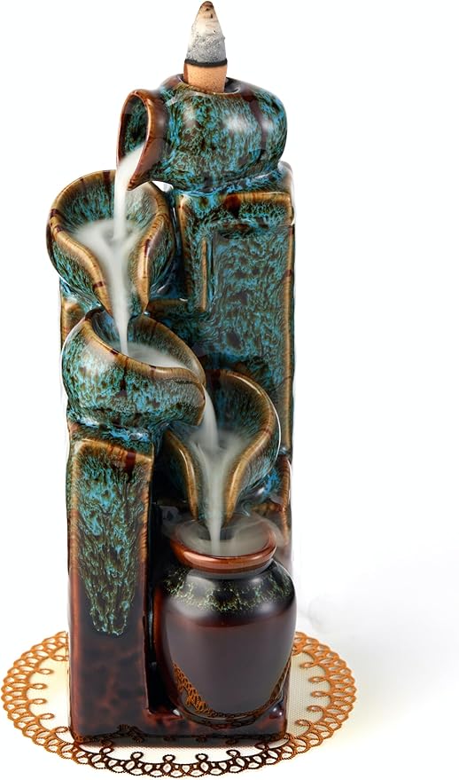 Unique Cascading Basins Ceramic Waterfall Incense Holder, Paired with a Pack of Backflow Incense Cones. (Fambe Blue) - Bloomnest