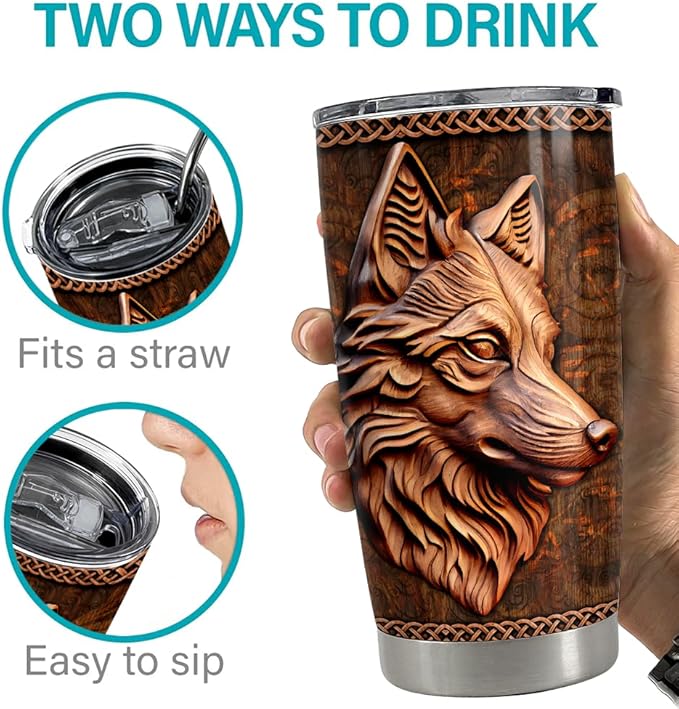 SANDJEST Wolf Tumbler 20oz Wolf Wood Drawing Stainless Steel Insulated Tumblers Coffee Travel Mug Cup Wolf Gift for Men Boys Gifts for Birthday Christmas - Bloomnest