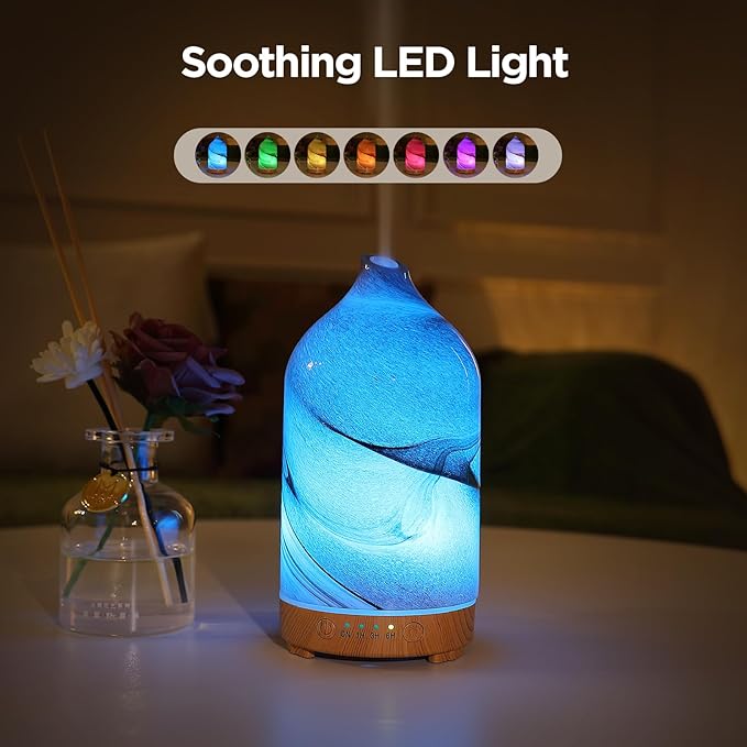 Essential Oil Diffuser Hand Blown Glass Aromatherapy Diffuser - Ultrasonic Cool Mist Scent Aroma Diffuser, Whisper Quiet with Auto Shut-Off, Timer Setting &7 Colors Night Light for Home - Bloomnest