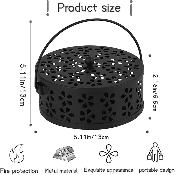 Portable Iron Mosquito Coil Holder with Handle Round Heat-Resistant Incense Holder for Home Office Camping (2Pack Black) - Bloomnest