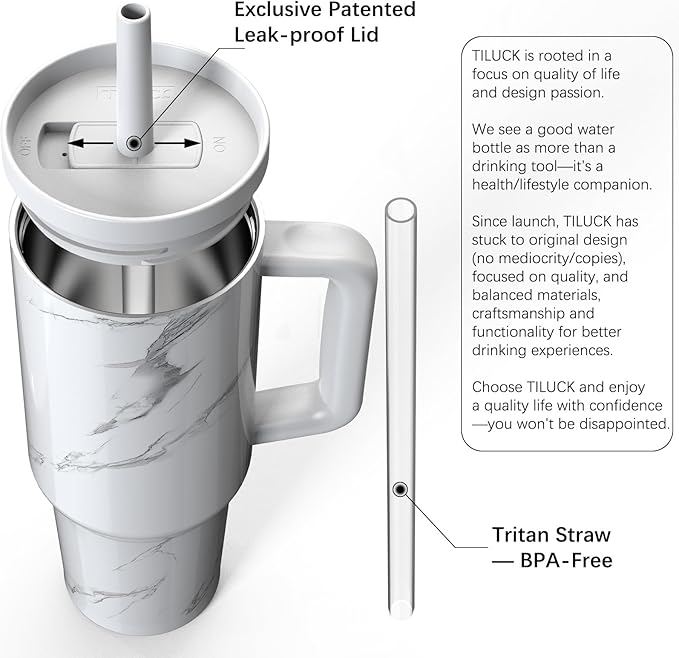 TILUCK 40 oz Tumbler with Handle, Vacuum Insulated Stainless Steel Travel Mug with 100% Leak-Proof Silicone Straw Lid, Cupholder Friendly Water Bottle(Marble, 40oz) - Bloomnest