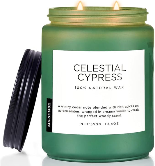 M&SENSE Celestial Cypress - Cedar & Spice Soy Jar Candles, Cedarwood Cardamom Large Winter Scented Candles 19.4oz 110 Hour Long Lasting Burn, Non Toxic Natural Warm Woody Scent Gifts for Men Women - Bloomnest