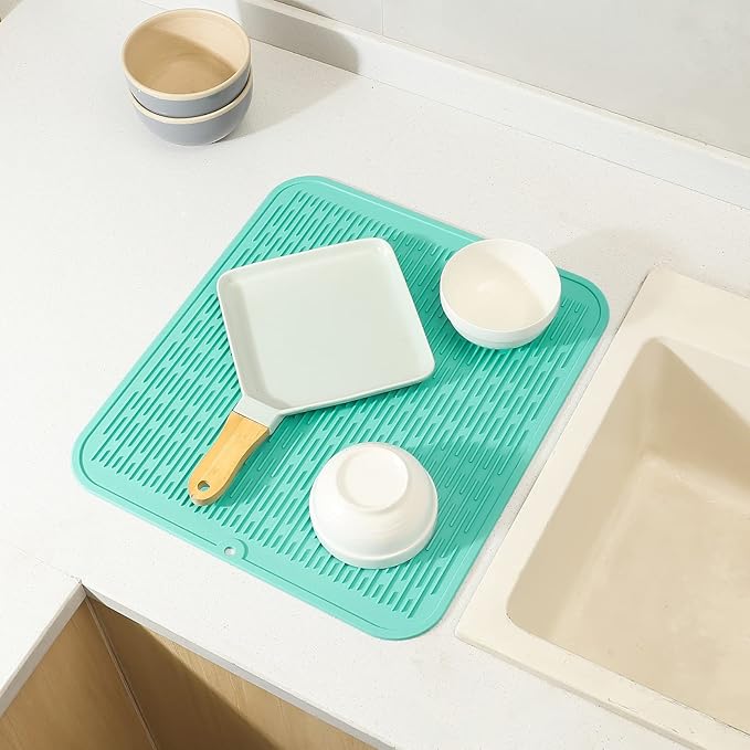 Silicone Dish Drying Mat for Multiple Usage,Easy clean,Eco-friendly,Heat-resistant Silicone Mat for Kitchen Counter or Sink,Refrigerator or Drawer Liner Mint XL 18 inches x 16 inches - Bloomnest