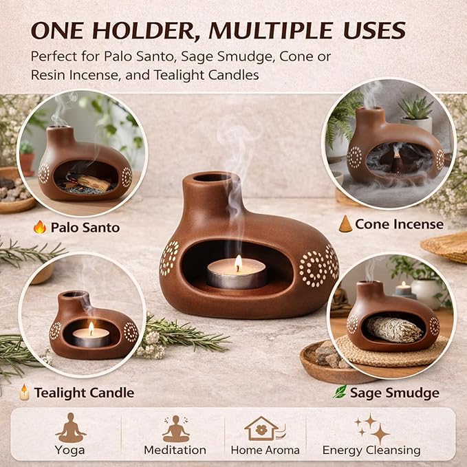 Palo Santo Holder, Chimney Palo Santo Burner, Ceramic Incense Holder with Ash Catcher for Yoga, Meditation, Home Fragrance & Cleansing, Burning Palo Santo Sticks, Cone Incense, Resin, Sage Phymorse