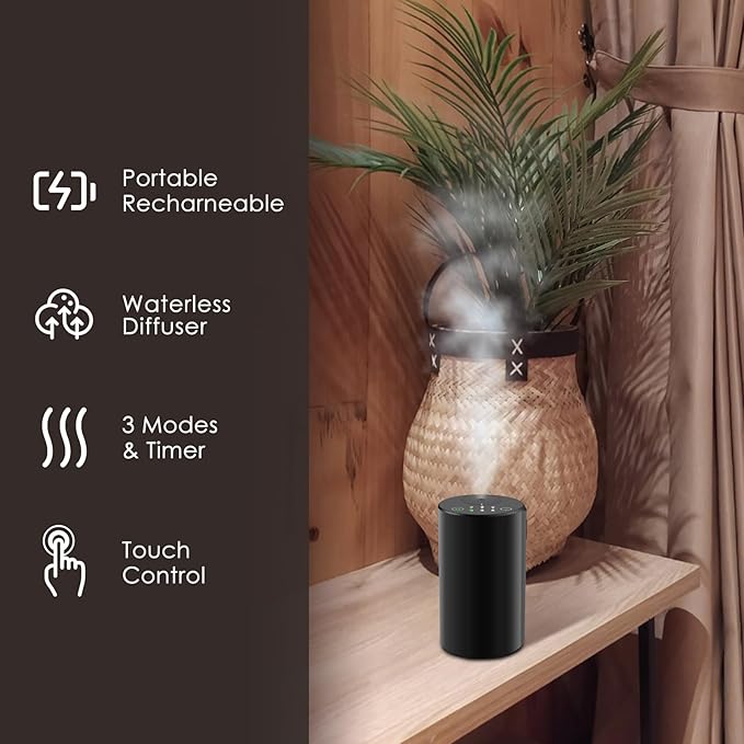 Waterless Essential Oil Diffuser, Battery Powered Mini Scent Air Machine, Aromatherapy Mist Diffuser for Home Room Car Office (Black Aluminum Alloy) - Bloomnest