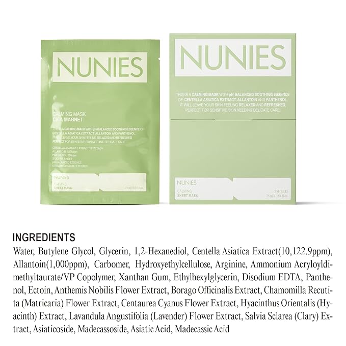 NUNIES Calming Sheet Mask – Korean Soothing Face Mask for Redness & Sensitive Skin | CICA, Allantoin & Panthenol | pH-Balanced | Alcohol-Free, Fragrance-Free, Colorant-Free | 5 Sheets - Bloomnest