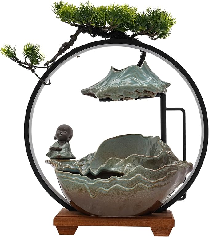 Ceramic Tabletop Fountain with Wood Stand, Indoor Waterfall Feature for Home Office Desk,Desktop Water Fountain Asian Zen Decor with LED Light for Relaxation - Bloomnest
