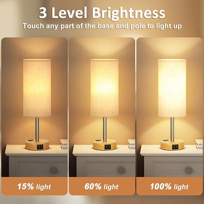 Fenmzee Small Touch Table Lamps Set of 2-3-Way Dimmable, USB A + C Charging, AC Outlet, Wood Grain Base, Bulbs Included - Bloomnest