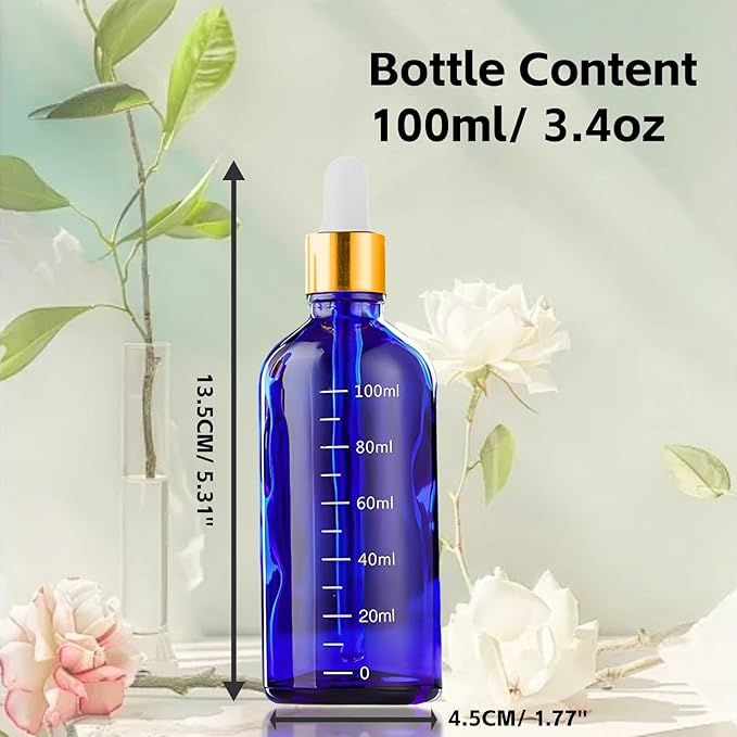 Blue Glass Dropper Bottle 3.4 oz, 2x100ml Blue Glass Eye Dropper Bottles for Essential Oils with Dropper Pipettes, Funnel, and A Plastic Measured Dropper for Diffuser, Beauty Oil Mix home