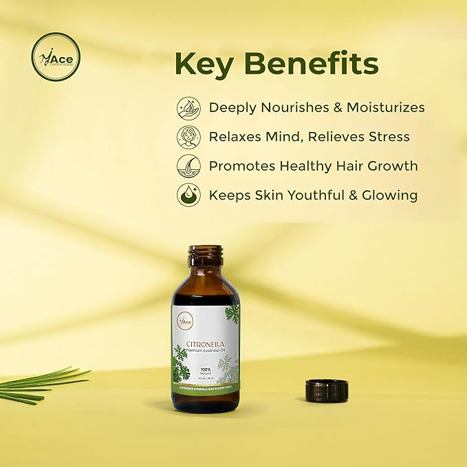 My Ace Citronella Essential Oil – 100% Pure & Natural Steam Distilled Oil – 4 fl oz Amber Glass Bottle with Dropper – Aromatherapy, Diffuser, Skin & Hair Care, Massage, Soap & Candle Making MyAce