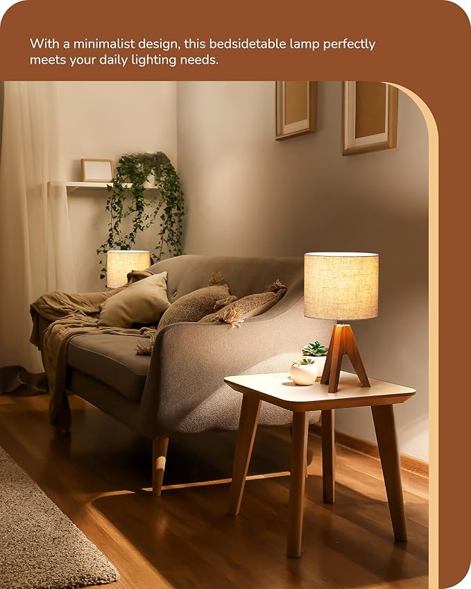 EDISHINE Tripod Table Lamp, Small Cute Bedside Lamp with Linen Beige Lampshade, Nightstand Lamp for Nursery, Bedroom, Kid Room, Living Room, Light Brown Wooden Base, E26 Socket, 14.2 Inch - Bloomnest