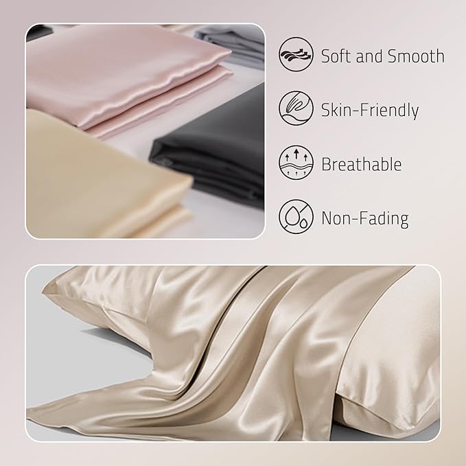 Mulberry Silk Pillowcase for Hair and Skin Prevent Acne Pillowcase Both Sides Real Silk Pillowcases Organic Silk Pillow case with Hidden Zipper, Champagne, Standard (20"×26") - Bloomnest