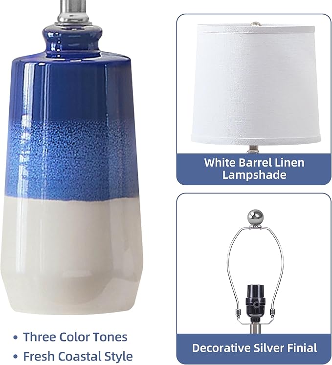 20.5" Ceramic Blue Lamps for Nightstand Set of 2, Blue Table Lamps for Living Room Set of 2, Coastal Table Lamps for Bedroom with White Barrel Lampshade, Blue White Ceramic Lamps for Small Space - Bloomnest