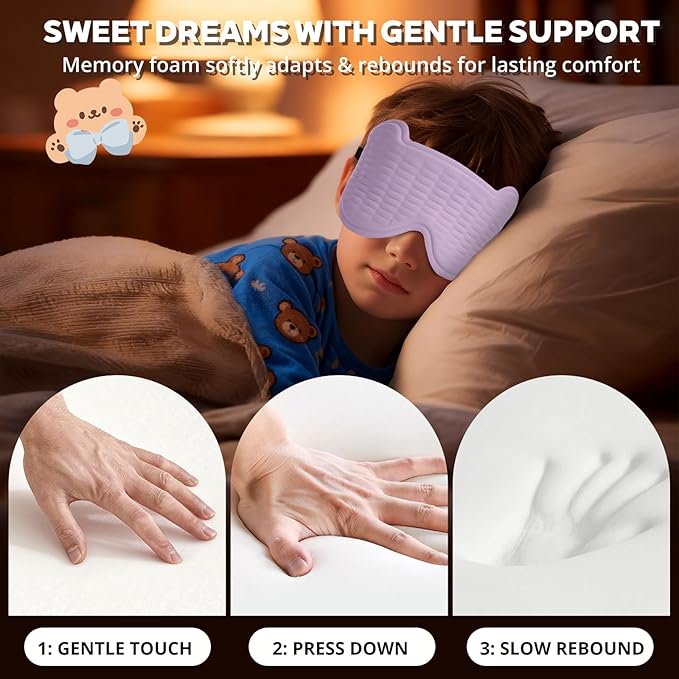 3D Kids Sleep Mask – Cute Bear Eye Mask for Sleeping, Comfortable Memory Foam Sleep Mask for Kids, Adjustable Strap and Lightweight Sleeping Mask for Boys Girls Teens Ages 5-15 (Purple) - Bloomnest