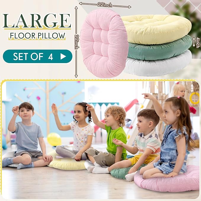 Jerify Floor Pillow Cushions 22 x 22 Inch Round Square Large Meditation Floor Pillow for Classroom Adult Meditation Picnic Party Cushion for Seating Gift Christmas(Round,Macaroon,4 Pcs) - Bloomnest
