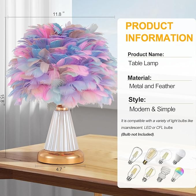 Colorful Feather Table Lamp Cute Ceramic Fluffy Bedside Lamp Princess Furry Nightstand Light Girl Romantic Desk Lamp for Girl Bedroom Living Room Office Nursery Valentines Wedding Decor - Bloomnest