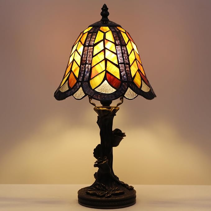 Small Tiffany Lamp Mini Purple Maple Leaf Stained Glass Table Lamp Desk Light 8X8X15.5 Inches with Resin Flower Bas - Bloomnest