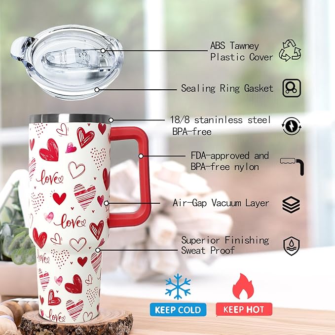 Ceovfoi Love Tumbler 40 Oz Valentine Heart Tumbler With Handle,Valentine's Day Coffee Travel Mug Cup Water Bottle,Heart Decor,Valentine's Gifts for Wife Girlfriend Bride - Bloomnest
