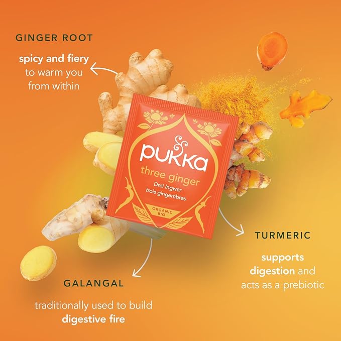 Pukka Three Ginger Organic Herbal Tea, Digestion-Aiding Infusion With Ginger, Turmeric, and Galangal, Tea Gift Set Ideal After Meals, Caffeine Free, 20 Total Bags