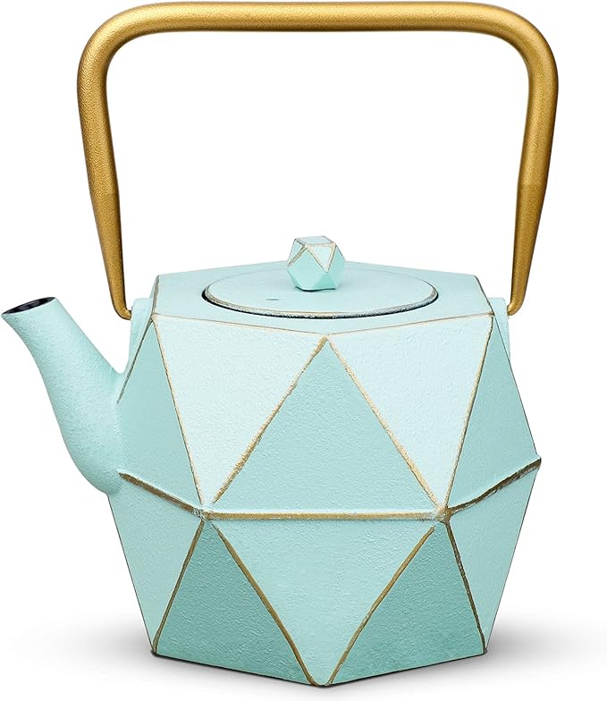 Toptier Cast Iron Teapot, Stovetop Safe Japanese Cast Iron Tea Kettle, Diamond Design Tea Pot with Removable Infuser for Loose Tea, 30 Ounce (900 ml), Light Green - Bloomnest