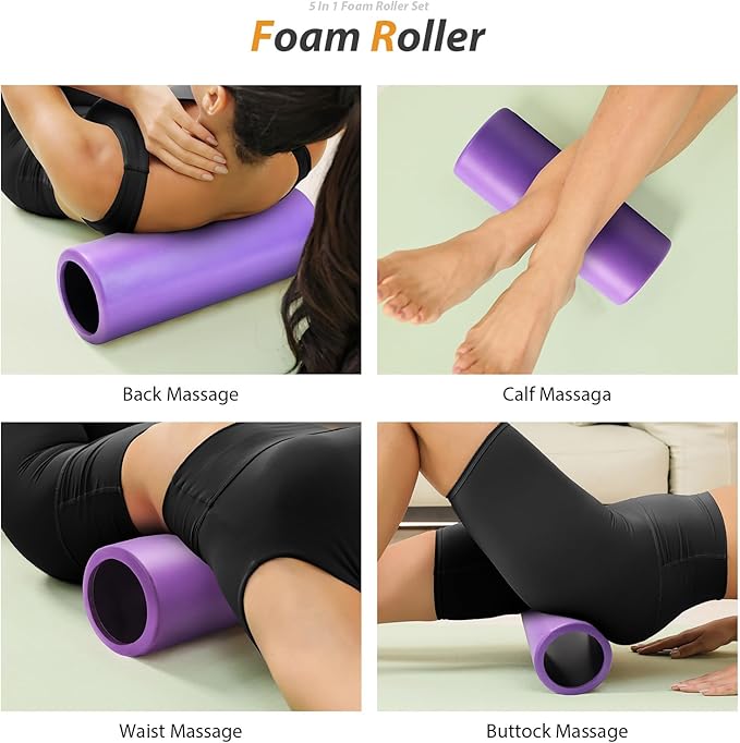 5 in 1 Foam Roller Set - Trigger Point Foam Back Roller, Muscle Roller Stick, Massage Ball, Stretching Band for Deep Muscle Massage Pilates Yoga,Fitness Exercise for Whole Body Release (Purple) - Bloomnest