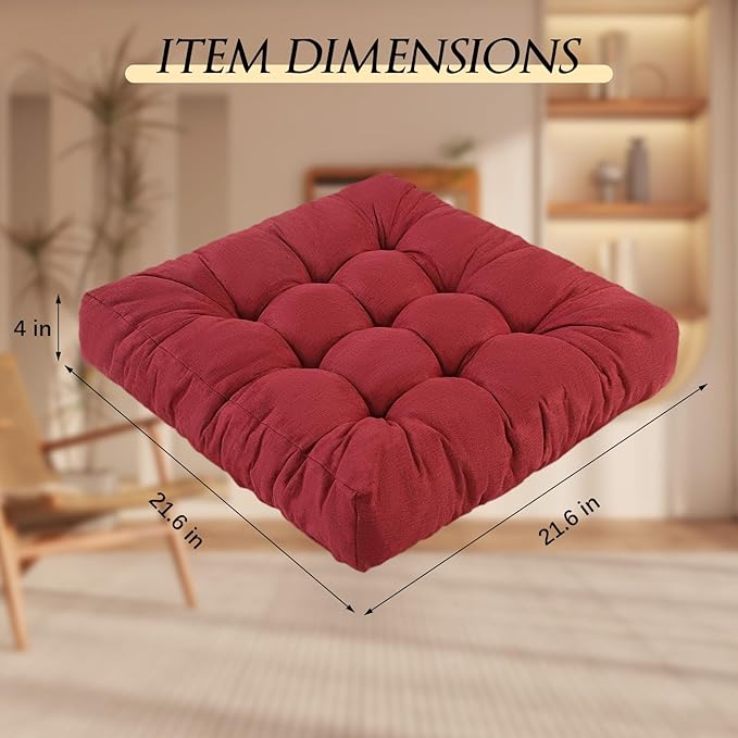 Meditation Floor Cushions Set of 2, Thickened Floor Pillow for Adults, Large Square Pillows Seat Cushion for Tatami Living Room Yoga, Memory Sponge Block Added, 22x22 Inch, Wine Red