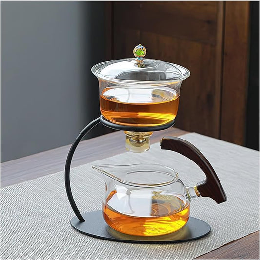Lazy Kungfu Semi-Automatic Drip Teapot with Infuser, Magnetic Rotating Cover, Heat Resistant Tea Set for Home/Office