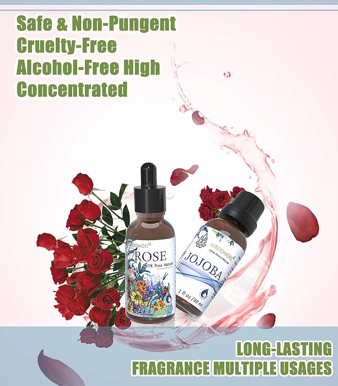 1+1 Fl Oz Travel Size Rose Essential Oil Jojoba Oil Set Floral Fragrance for Candle DIY Aromatherapy Home Use Diffuser Perfume Bath Massage Scents Airoomoil