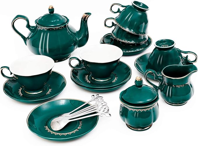 CHENP.HMC Tea Set 22-Piece Porcelain Ceramic Coffee Tea Sets Cups Saucer Service for 6 Teapot Sugar Bowl Creamer Pitcher and Teaspoons Porcelain Tea Set(Dark Green) - Bloomnest