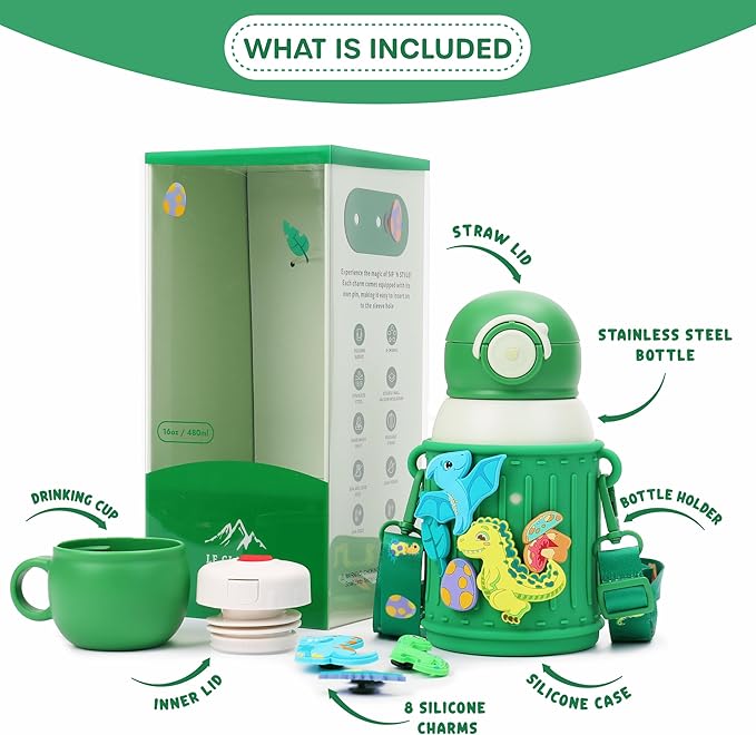 Kids Insulated Tumbler Set – 16oz Stainless Steel Water Bottle with Straw & Pour Lids, Screw-On Cup, Adjustable Strap, Silicone Sleeve & Charms – Leakproof BPA-Free Bottle for Boys & Girls - Bloomnest