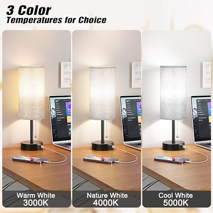 Grey Bedside Lamp for Bedroom Nightstand - Small Table Lamp with USB A + C Charging Port, 3 Color Temperatures Pull Chain Night Stand Light with Bulb, Side Table Desk Reading Lamp for Living Room/Dorm - Bloomnest