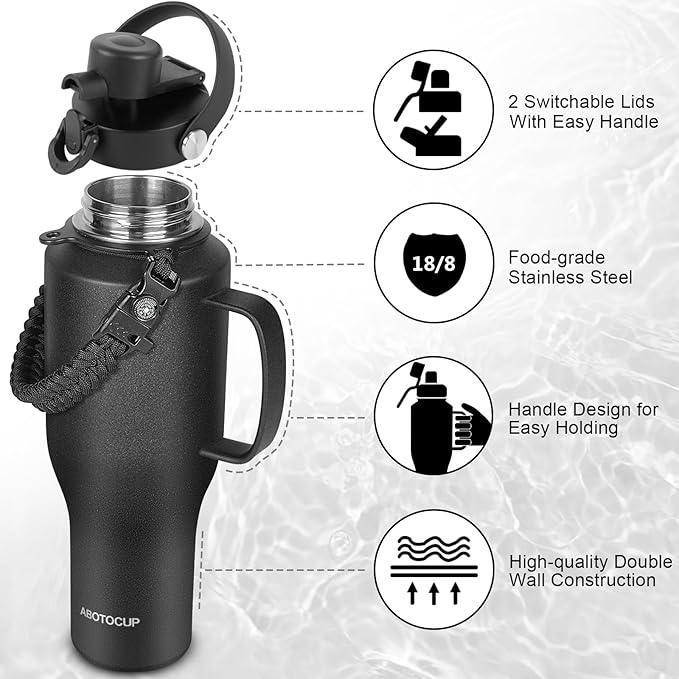 Water Bottle 40oz, Insulated Water Bottle with Handle & Straw Lids, Stainless Steel Water Bottles Fits in Any Car Cup Holder, Travel Cup Double Wall BPA-Free Leak-proof to Keep Cold &Hot - Bloomnest