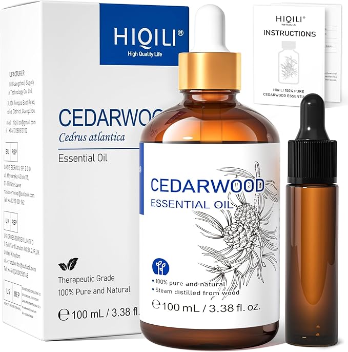 HIQILI Cedarwood Essential Oil (3.38 Fl Oz), 100% Natural Therapeutic Grade, Premium Glass Dropper, for Hair & Skin Care, Soap Making, Add to Diffusers, Sprays - Bloomnest