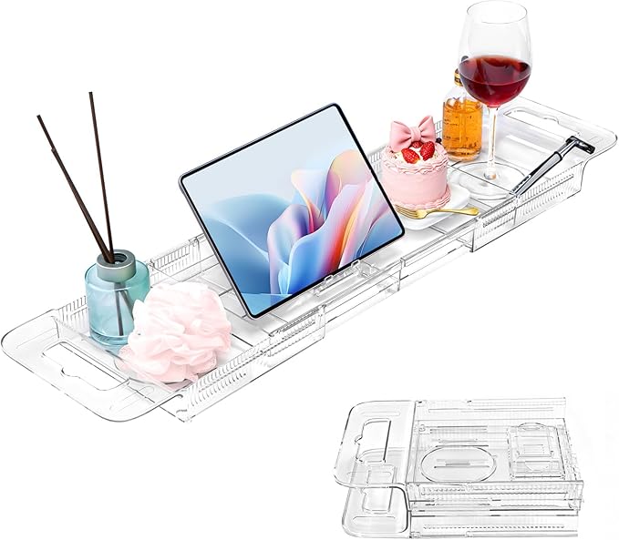 Expandable Clear Acrylic Bathtub Tray Caddy, Foldable Tub Bath Tray with Drain Slots, Slip-Resistant Waterproof Bathroom Shelf Caddy & Home Spa Gift for Women - Bloomnest