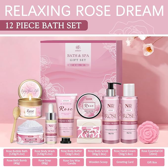 Gifts for Women, 12 PCS Birthday Gifts for Women Rose Relaxing Spa Basket Self Care Package for Her Mom Sister Wife Friend Unique Mothers Day Valentine Gift Ideal - Bloomnest