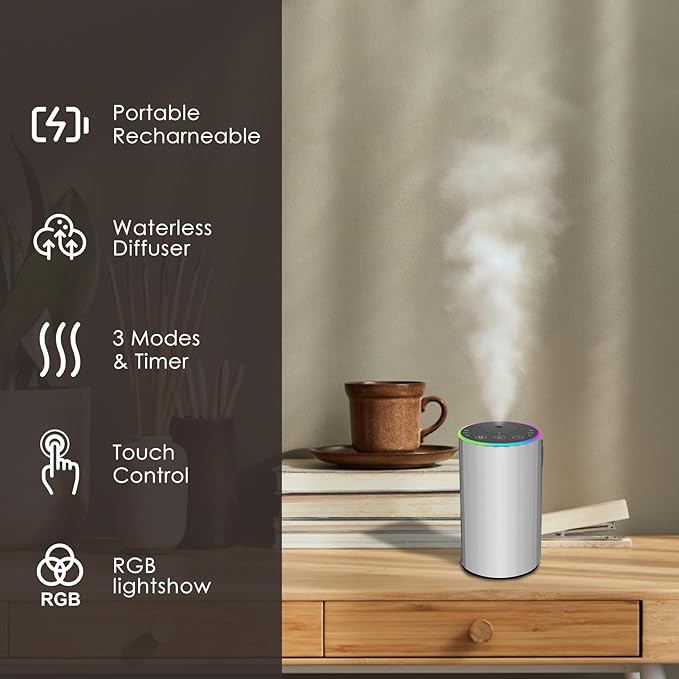 Waterless Essential Oil Diffuser, Battery Powered Mini Scent Air Machine, Aromatherapy Mist Diffuser for Home Room Car Office (Silver) - Bloomnest