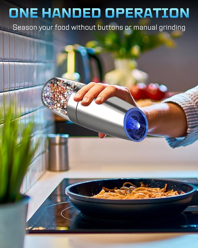 XinXu Gravity Electric Pepper and Salt Grinder Set, Adjustable Coarseness, with LED Light, One Hand Automatic Operation (Set/Silver X) - Bloomnest