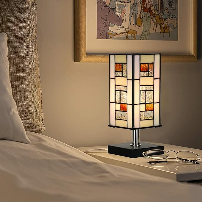 TL0013 Small Retangular Tiffany Lamp Stained Glass Uplight Table Lamp, Mission Style Geometric Desk Nightstand Lamp for Bedroom Living Room Office Dorm, 4.5" W x 11" H, LED Bulb Included - Bloomnest