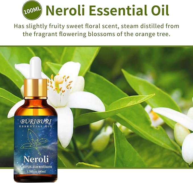 BURIBURI 100ML Neroli Essential Oil Gifts Set, 100% Pure Orange Blossom Oils Undiluted Aromatherapy Neroli Oil 3.38fl.oz for Soap, Candle Making, Massage, Diffuser, Humidifier BURIBURI