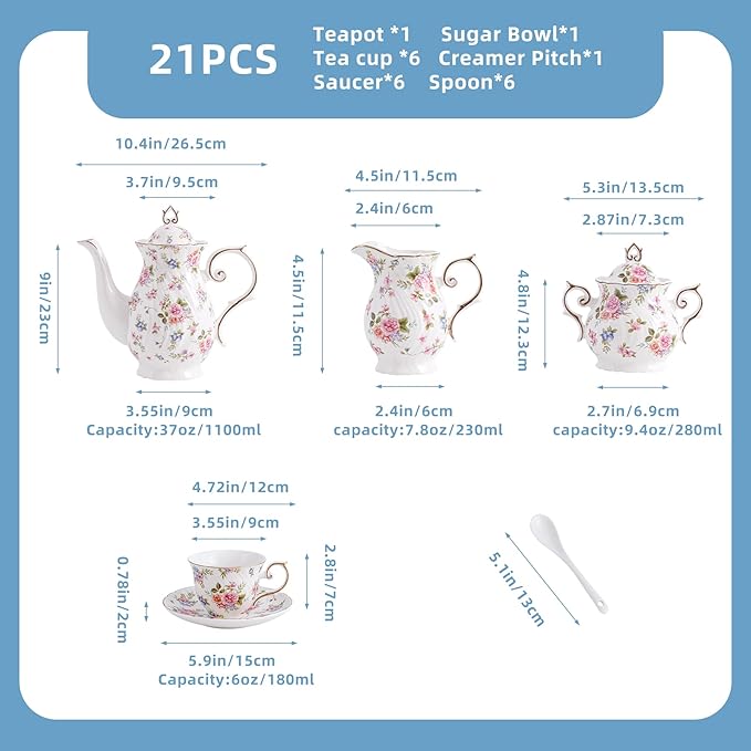 Tea Set 21-Piece Ceramic tea cups and saucers set of 6 with Sugar and Creamer Set,Teapot,teapot set for Adults, Women Tea Party (small crushed flower) - Bloomnest