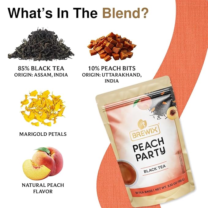 BREWIX, Peach Black Tea (50 Plant Based Pyramid Bags) | Premium Black Tea with Peach | Floral & Refreshing | Iced or Hot | Caffeinated And Sugar-Free - Bloomnest