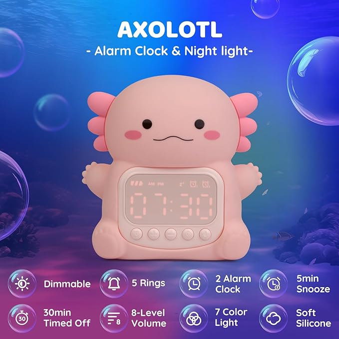 Axolotl Alarm Clock with Night Light for Kids, Rechargeable Silicone Lamp Time to Wake Clock，Cute Animal Tabletop Lamp, Perfect Sleep Companion for Boys Girls - Bloomnest