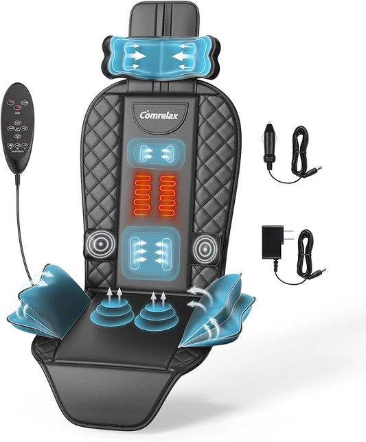 Back Massager with Heat & Traction & Vibration, Seat Massager Pad for Pain Relief Deep Tissue, Lumbar Traction, PU Leather, Foldable, for 5’ to 6’1”, Massage Chair Pad for Office Home - Bloomnest